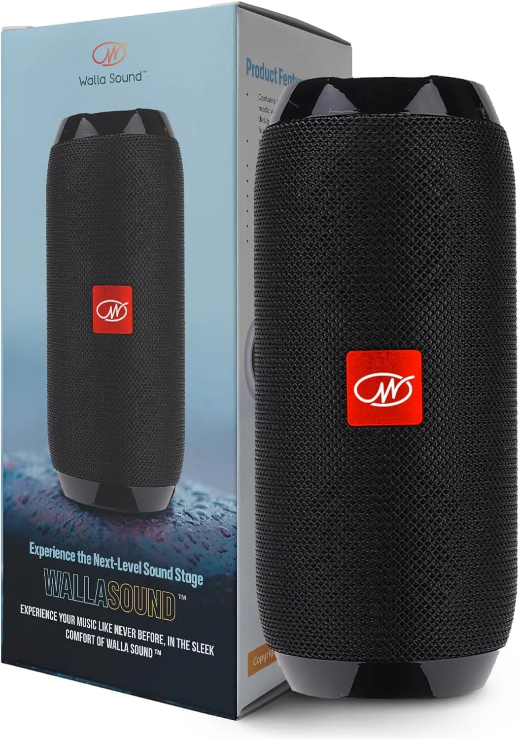WallaSound portable Bluetooth speaker reviewed on a textured surface with its charging cable